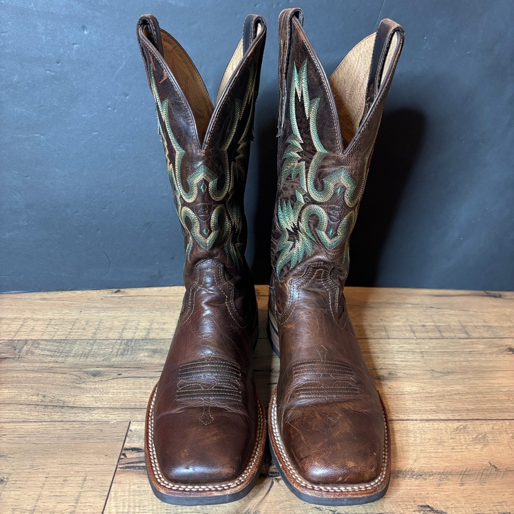 Ariat Tombstone Western Boot Brown Leather Green Stitching Square Toe Size 9.5 - Picture 3 of 11